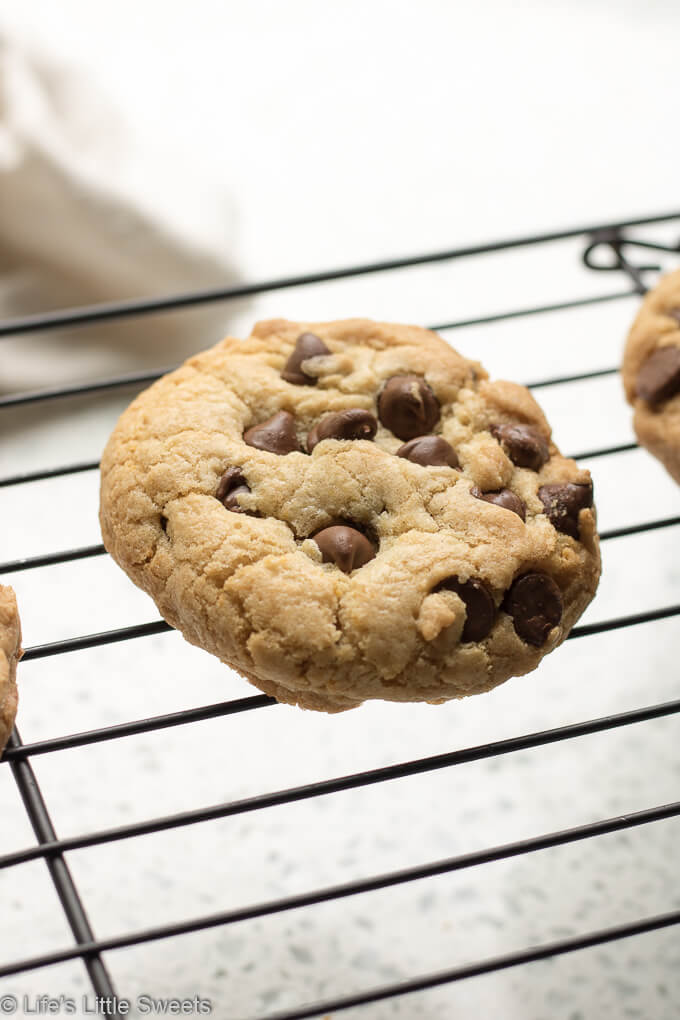 These Gluten Free Chocolate Chip Cookies are tall, soft inside with a crisp edge. Perfect for when you have a Chocolate Chip Cookie craving but don't want or can't have flour - you won't miss the flour once you taste these delicious cookies!  #cookies #glutenfree #bobsredmill #chocolate #cookies #chocolatechip #dessert #sweet #glutenfreeflour