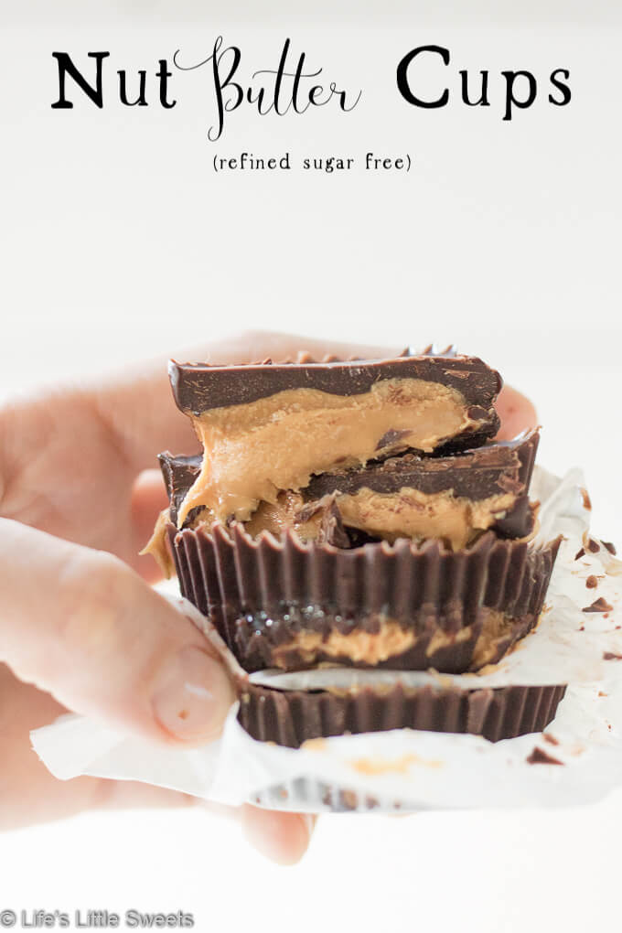 Nut Butter Cups are refined sugar free, take just minutes to make and have only 5 required ingredients. These chocolate-y, sweet, snacks are made with coconut oil, cocoa powder, almond butter, peanut butter, cashew butter and tahini (sesame seed butter) and you can customize this recipe with your favorite nut butter. #nutbutter #almondbuttercups #cashewbutter #tahini #peanutbuttercups #vegan #glutenfree #paleo #refinedsugarfree #vegetarian #dairyfree