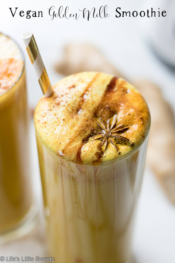 This Vegan Golden Milk Smoothie recipe is a spiced, non-dairy treat with turmeric, fresh ground black pepper, ground cinnamon and Silk Unsweetened Almondmilk! Naturally sweetened with maple syrup and optional dates. #ad #tastyprogress #CollectiveBias #vegan #goldenmilk #smoothie #Osterblender @lovemysilk