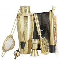 VonShef 9pc Gold Parisian Cocktail Shaker Bartender Set with Gift Box, Recipe Guide, Muddler, Jigger, Cocktail Strainers, Bar Spoon and Bottle Pourers