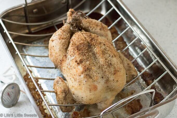 This Roasted Chicken is juicy, savory and delicious. It’s a classic family dinner staple that can be combined with most any side dish and salad. All you need is a whole fresh chicken, kosher salt, pepper and optionally any favorite herbs, garlic and or citrus to customize – it is that easy! #roastecchicken #chicken #bakedchicken #wholeroastedchicken #dinner #savory 