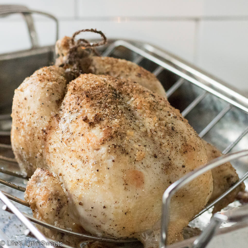 This Roasted Chicken is juicy, savory and delicious. It’s a classic family dinner staple that can be combined with most any side dish and salad. All you need is a whole fresh chicken, kosher salt, pepper and optionally any favorite herbs, garlic and or citrus to customize – it is that easy! #roastecchicken #chicken #bakedchicken #wholeroastedchicken #dinner #savory 