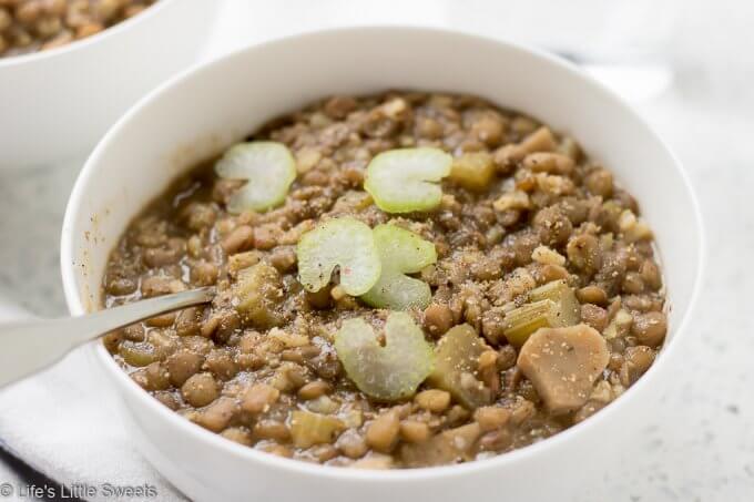 Lentil Soup with Celery Root has celery, celery root, onions, olive oil, coconut oil, brown lentils, vegetable broth and garlic. It is a savory vegan, gluten free soup to warm you up through cold weather or year round.  #lentils #lentil #lentilsoup #celery #celeryroot #vegan #glutenfree #vegetarian #soup