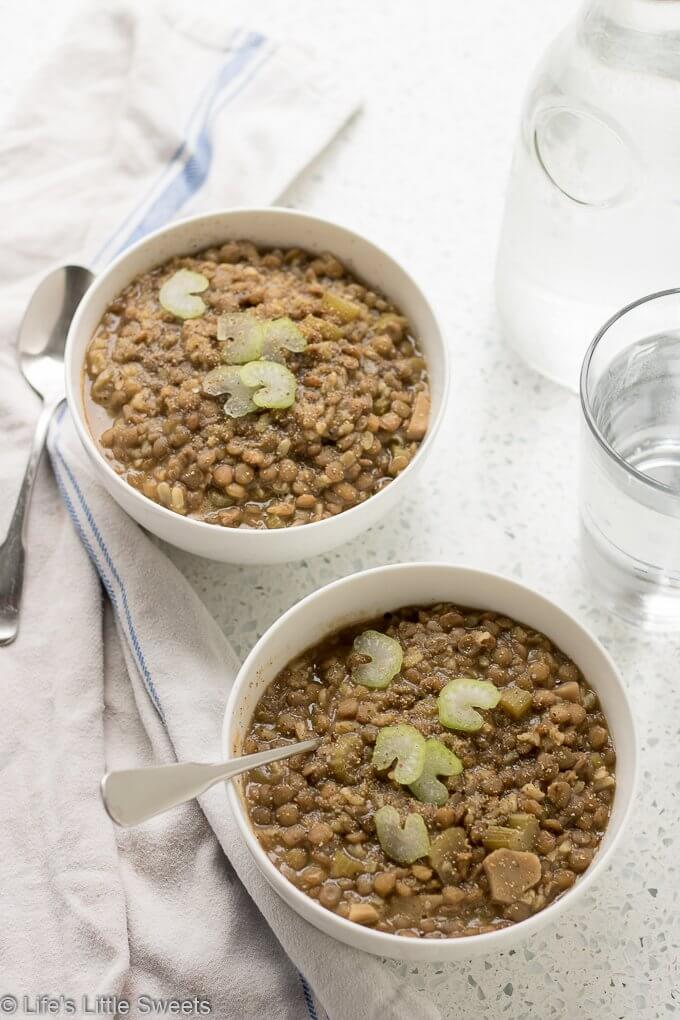 Lentil Soup with Celery Root has celery, celery root, onions, olive oil, coconut oil, brown lentils, vegetable broth and garlic. It is a savory vegan, gluten free soup to warm you up through cold weather or year round.  #lentils #lentil #lentilsoup #celery #celeryroot #vegan #glutenfree #vegetarian #soup