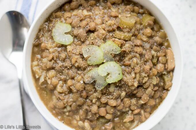 Lentil Soup with Celery Root has celery, celery root, onions, olive oil, coconut oil, brown lentils, vegetable broth and garlic. It is a savory vegan, gluten free soup to warm you up through cold weather or year round.  #lentils #lentil #lentilsoup #celery #celeryroot #vegan #glutenfree #vegetarian #soup