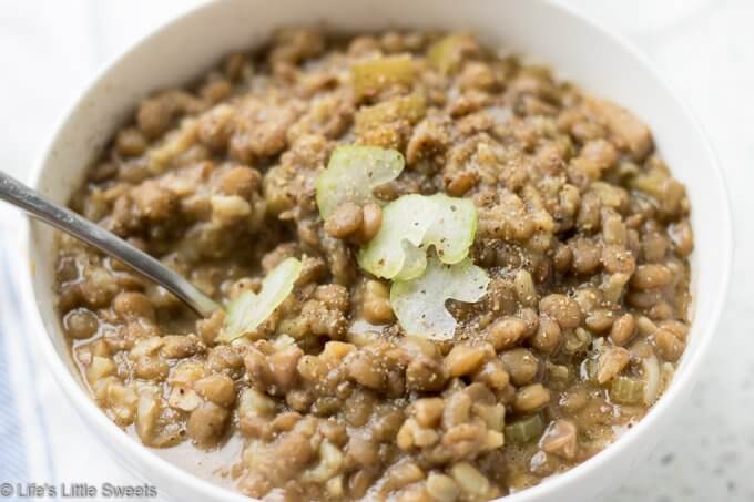 Lentil Soup with Celery Root has celery, celery root, onions, olive oil, coconut oil, brown lentils, vegetable broth and garlic. It is a savory vegan, gluten free soup to warm you up through cold weather or year round.  #lentils #lentil #lentilsoup #celery #celeryroot #vegan #glutenfree #vegetarian #soup