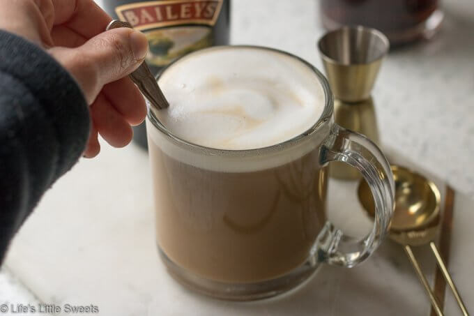 (MSG 21+) Irish Coffee is a alcohol-infused coffee drink, with Baileys Irish Cream and Irish Whiskey. This is a warming coffee drink perfect a cold day and/or to serve for brunch. #irishcoffee #Irishwhiskey #whiskey #BaileysIrishCream #cream #Stpatricksday #drinks #coffee