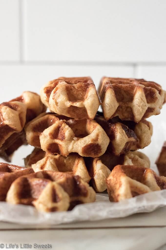 Liege Belgian Waffles are a caramelized, sweet, chewy, indulgent, yeast-risen waffle. They stay crisp and are delicious on their own or with ice cream, whipped cream, berries or any topping you can imagine. #waffles #recipe #Belgianwaffles #liegeBelgianwaffles #breakfast #sweet