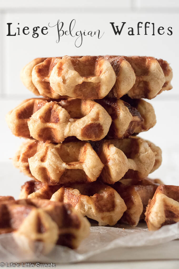 Liege Belgian Waffles are a caramelized, sweet, chewy, indulgent, yeast-risen waffle. They stay crisp and are delicious on their own or with ice cream, whipped cream, berries or any topping you can imagine. #waffles #recipe #Belgianwaffles #liegeBelgianwaffles #breakfast #sweet