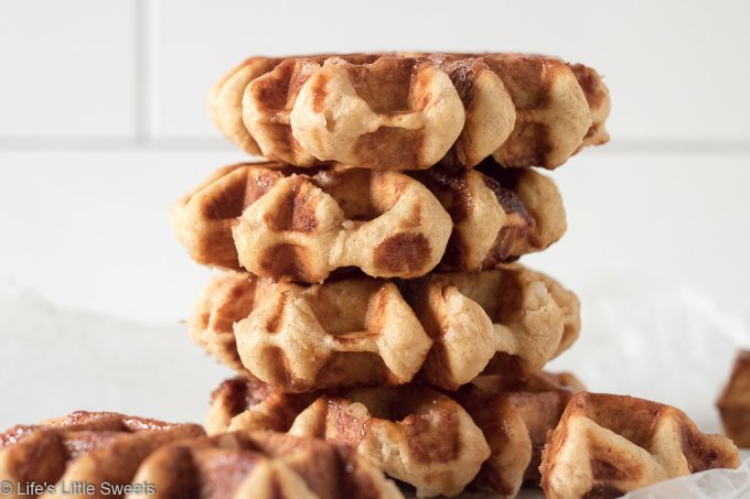 Liege Belgian Waffles are a caramelized, sweet, chewy, indulgent, yeast-risen waffle. They stay crisp and are delicious on their own or with ice cream, whipped cream, berries or any topping you can imagine. #waffles #recipe #Belgianwaffles #liegeBelgianwaffles #breakfast #sweet
