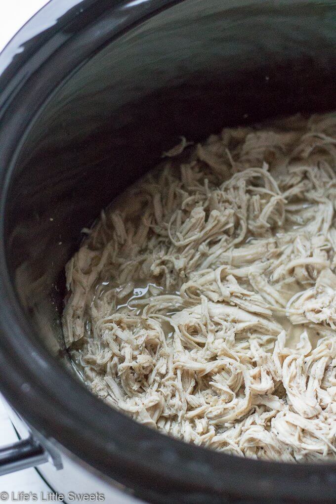 Slow Cooker Shredded Chicken is an easy recipe that can be the basis for many recipes, like tacos, on top of salads, in chili, sandwiches and more. It's lean, a great source of protein and only requires only 6 required ingredients. #chicken #shreddedchicken #savory #recipe #broth #protein #bonelessskinlesschickenbreasts #chickenbreasts