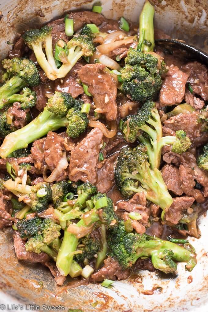 Homemade Beef and Broccoli over Brown Rice is a savory, stir-fry dish that has thin-cut strips of lean, flank steak, crisp, bite-size, broccoli florets, a savory, garlic-infused brown sauce over steaming hot, brown rice. Make this popular Chinese-American cuisine take-out dish at home! #beef #broccoli #brownrice #dinner #ChineseAmerican #takeout #homemade #recipe 