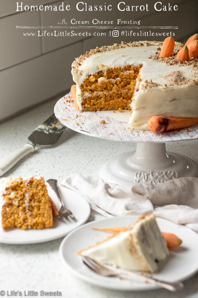 Homemade Classic Carrot Cake with Cream Cheese Frosting has cinnamon, vanilla and 3 cups of finely shredded carrots throughout this delicious cake. It is a 2-tiered cake with smooth and sweet homemade cream cheese frosting. It's topped with optional chopped pecans and decorated with fresh, peeled little carrots. #carrotcake #Eastercake #Easterfood #carrot #carrots #dessert #pecans #sweet