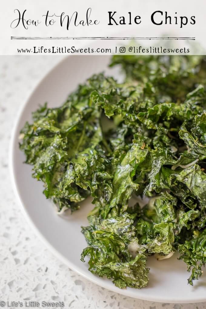 Kale Chips are a savory, healthier-for-you than potato chips snack which can be easily customized to your tastes. It only takes a few ingredients, regular olive oil, sea salt, fresh ground pepper, and optional Italian four-cheese blend and 20 minutes to roast, to make these delicious Kale Chips! #kalechips #kale #healthy #snacks #recipe #oliveoil #seasalt #salt #veganoption #glutenfree #cheese