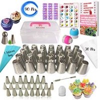 RFAQK- 90 Pcs Russian piping tips set with storage case - Cake decorating supplies kit - 54 Numbered easy to use icing nozzles (28 Russian + 25 Icing + 1 Ball tip) - Pattern chart, Ebook User Guide