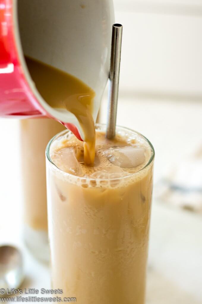 Pouring Sweetened Condensed Milk Iced Coffee lifeslittlesweets.com