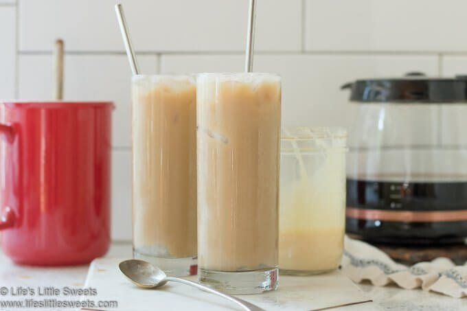 Sweetened Condensed Milk Iced Coffee with spoon and pot of coffee lifeslittlesweets.com