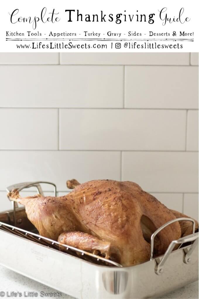 Thanksgiving Guide Pinterest pin with text overlay, photo with a cooked turkey