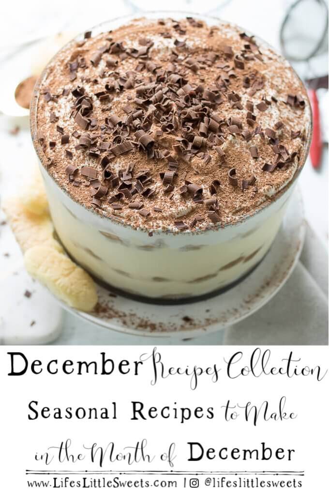 December Recipes Collection Pinterest pin with text, picture of a Tiramisu recipe