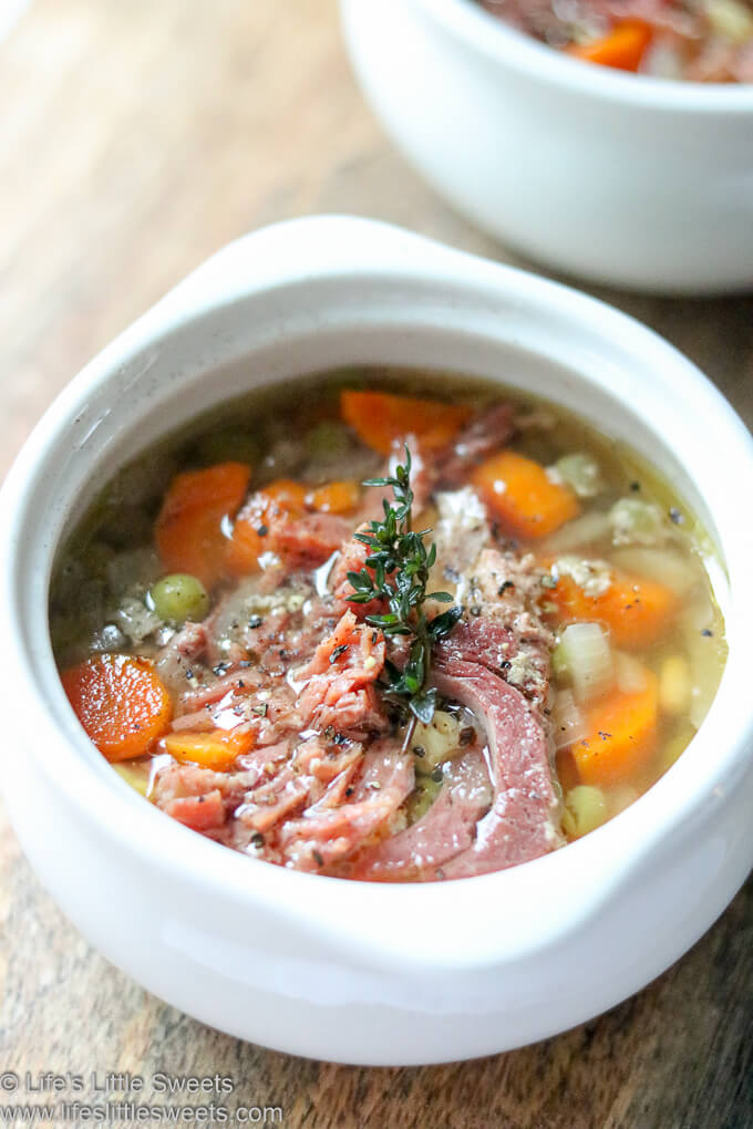 Instant Pot Ham Vegetable Soup photo in a white bowl lifeslittlesweets.com
