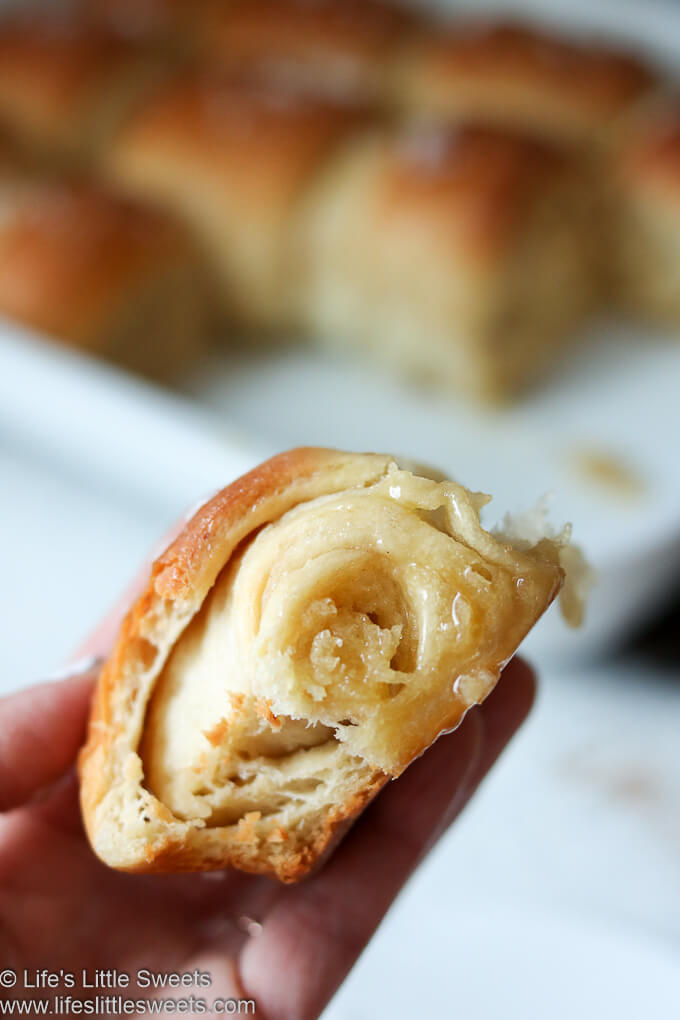 This Parker House Rolls recipe has Maple Butter and Flakey Mediterranean Sea Salt sprinkled on top. These sweet-savory rolls are a solid yeast, bread roll recipe for any occasion or holiday. #parkerhouserolls #bread #rolls #maplebutter #seasalt #dinnerrolls #butter #bread lifeslittlesweets.com