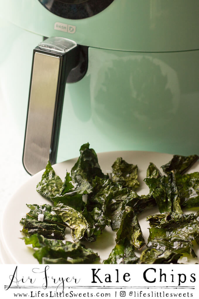 Air Fryer Kale Chips om a white kitchen counter www.lifeslittlesweets.com