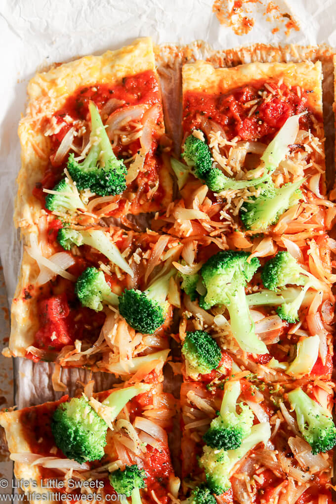 Broccoli Garlic Onion Chicken Crust Pizza is a savory, low carb pizza, packed with protein-rich chicken and cheese and topped with red pizza sauce, broccoli, onions, garlic and Parmesan cheese. Every bite will leave you feeling satisfied. #chickencrustpizza #pizza #Keto #broccoli #garlic #onion #Paleo #garlic www.lifeslittlesweets.com