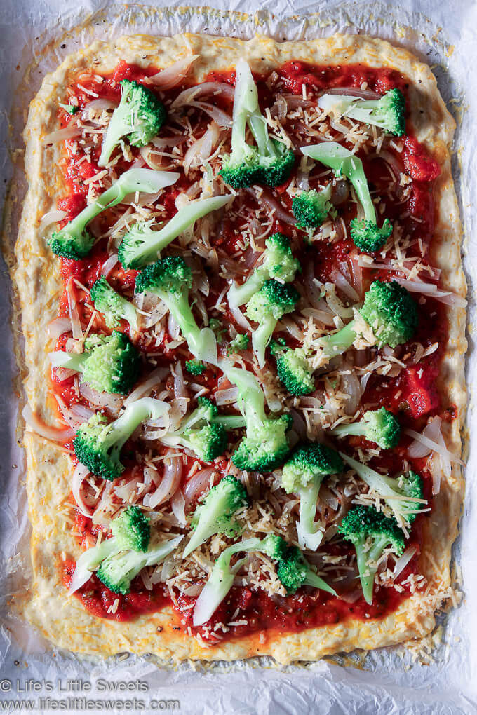 Broccoli Garlic Onion Chicken Crust Pizza close up