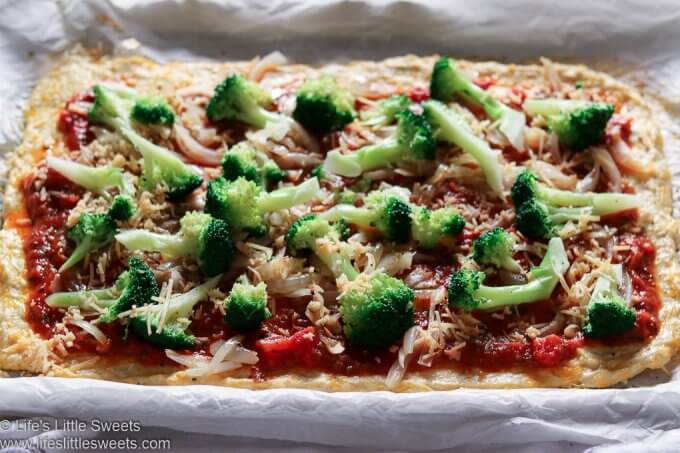 Broccoli Garlic Onion Chicken Crust Pizza close up