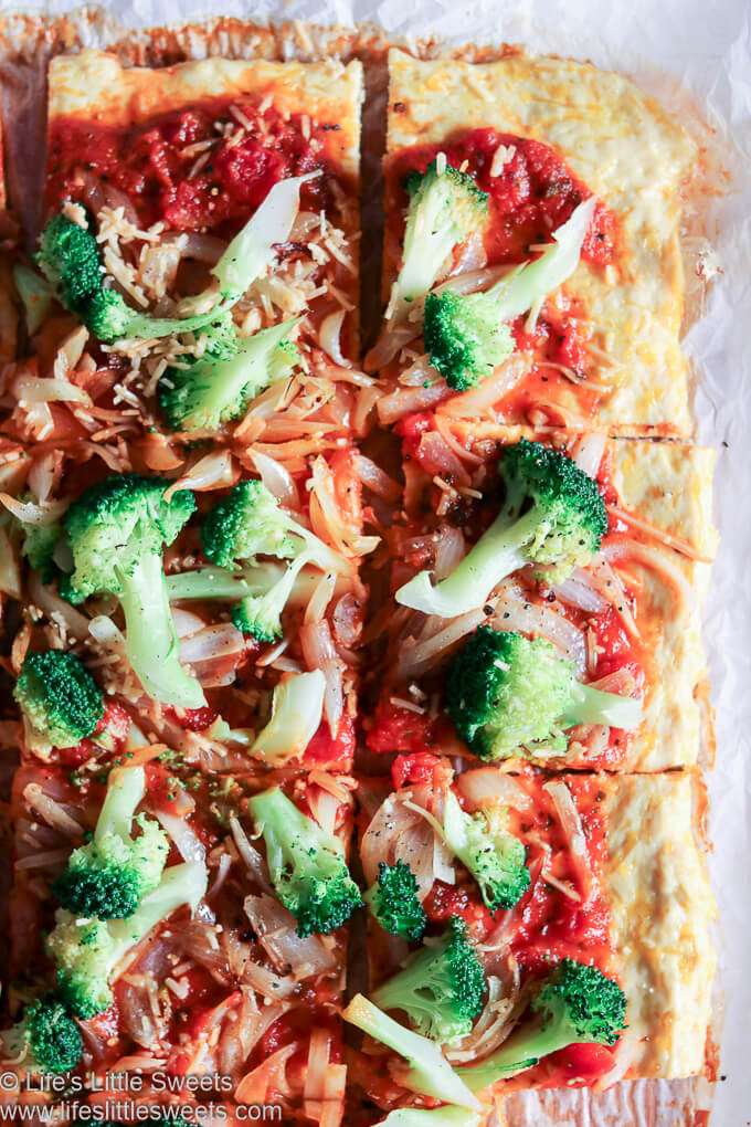 Broccoli Garlic Onion Chicken Crust Pizza is a savory, low carb pizza, packed with protein-rich chicken and cheese and topped with red pizza sauce, broccoli, onions, garlic and Parmesan cheese. Every bite will leave you feeling satisfied. #chickencrustpizza #pizza #Keto #broccoli #garlic #onion #Paleo #garlic www.lifeslittlesweets.com