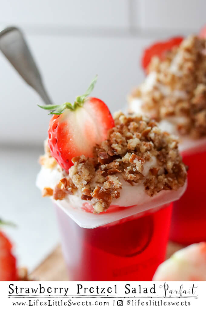 #ad - This Strawberry Pretzel Salad Parfait has all the flavors of a traditional Strawberry Pretzel Salad recipe in an easy-to-make, no-bake parfait. It has Strawberry SUPER Snack Pack Juicy Gels topped with a creamy, fluffy whipped topping and crunchy savory-sweet crushed pretzels and fresh strawberry slices. It’s perfect for serving as an after-school snack or at a gathering. #schoolsnacktime #CollectiveBias @originalsnackpack @Walmart