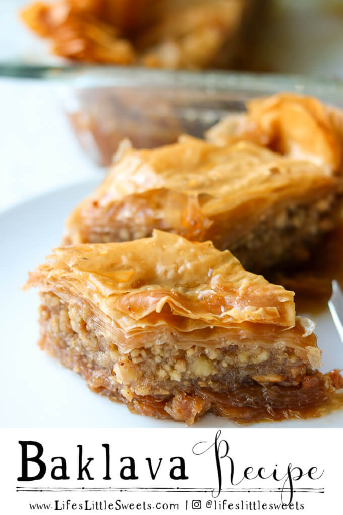 This Baklava is a classic baklava recipe with chopped walnuts, 40 sheets of layered Phyllo dough, olive oil (or butter) sugar, ground cinnamon and cloves, lemon zest, all infused with a honey, sugar, lemon syrup. Makes 30-40 pieces. #baklava #sweets #desserts #honey #nuts #walnuts #dessert #sweet #Phyllodough #recipe www.lifeslittlesweets.com