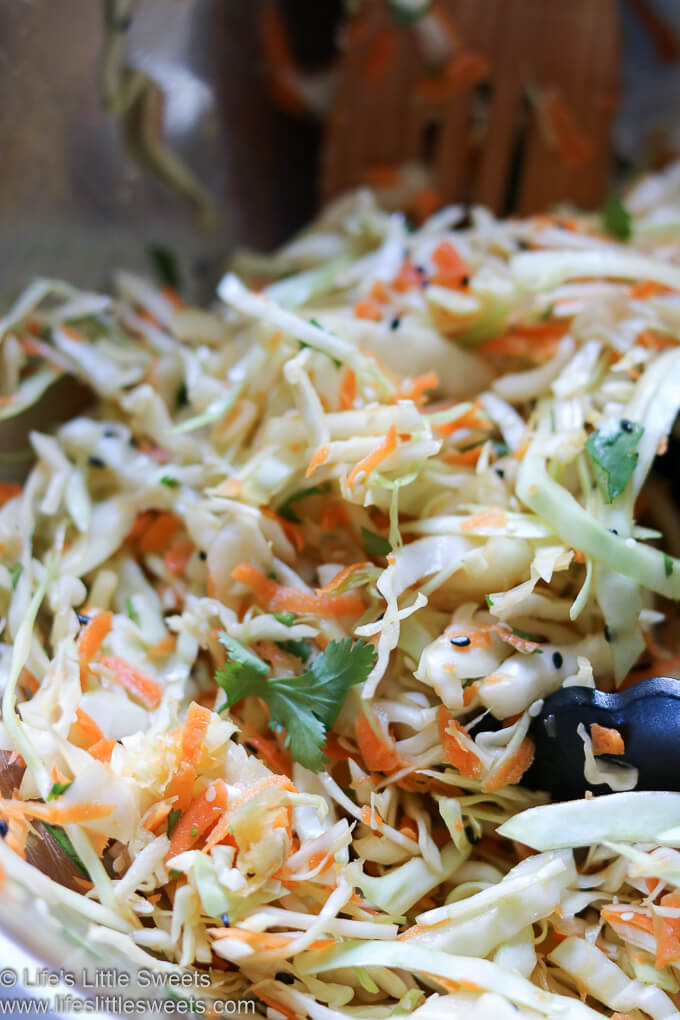 Asian Inspired Cole Slaw Recipe up close in a mixing bowl