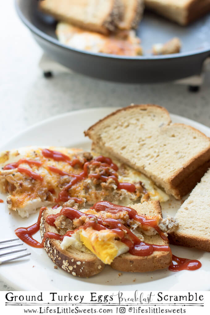 Ground Turkey Eggs Breakfast Scramble on a plate with toast