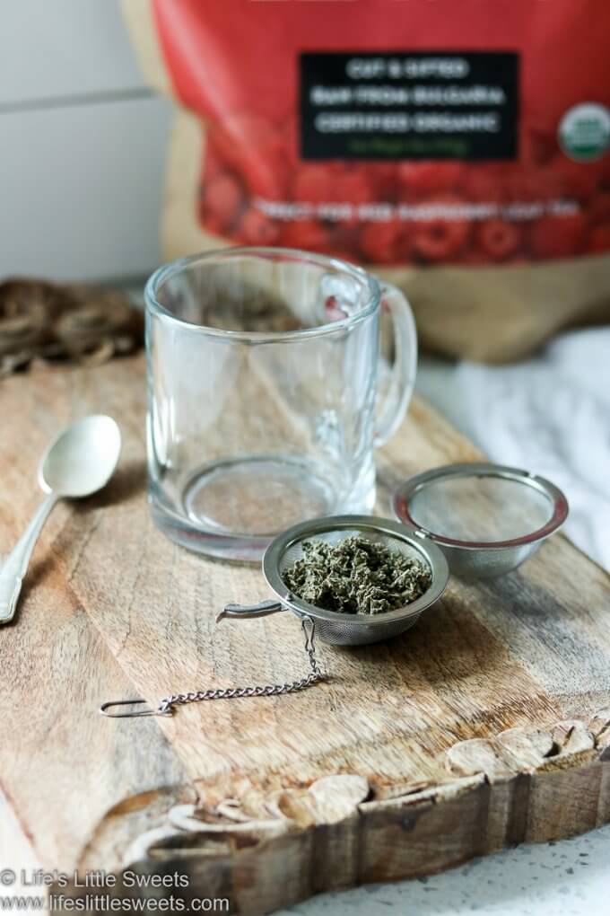 Red Raspberry Leaf Tea in a mesh tea ball