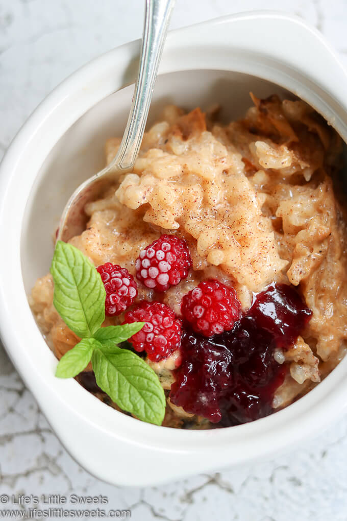 Rice Pudding Recipe overhead with rapsberries