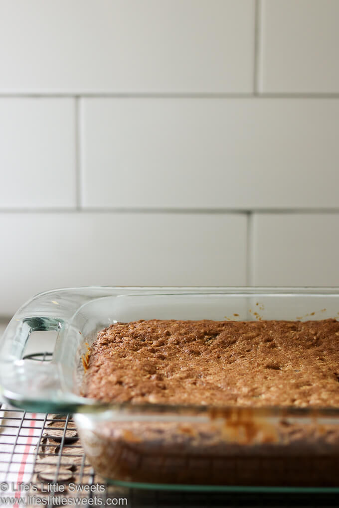 Oatmeal Raisin Cookie Bars in a 9x13-inch glass pan