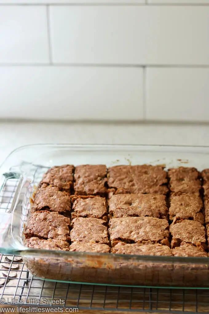 Oatmeal Raisin Cookie Bars cut in a 9x13-inch glass pan