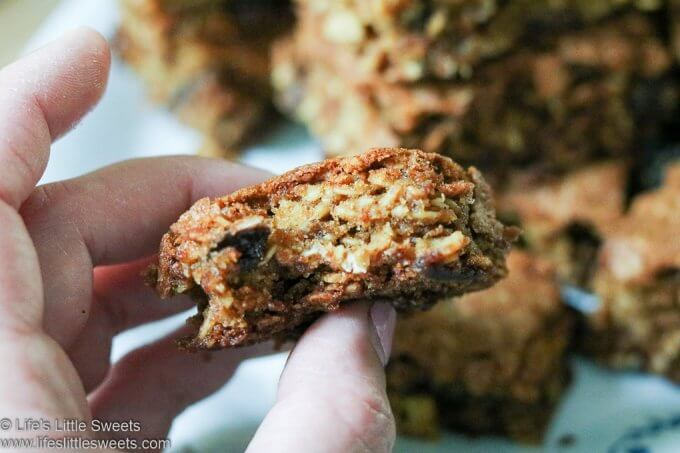 Oatmeal Raisin Cookie Bars with a bite taken out