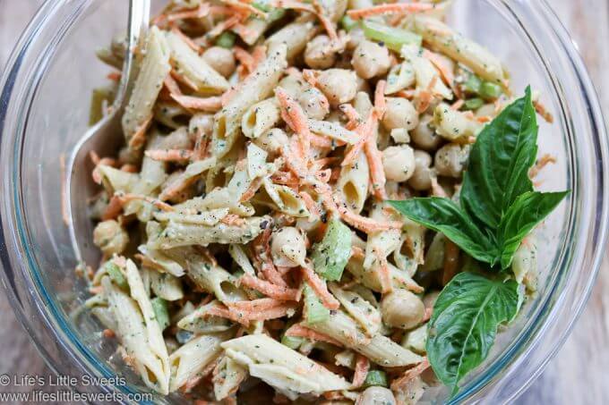 Basil Pesto Carrot Chickpea Protein Pasta Salad