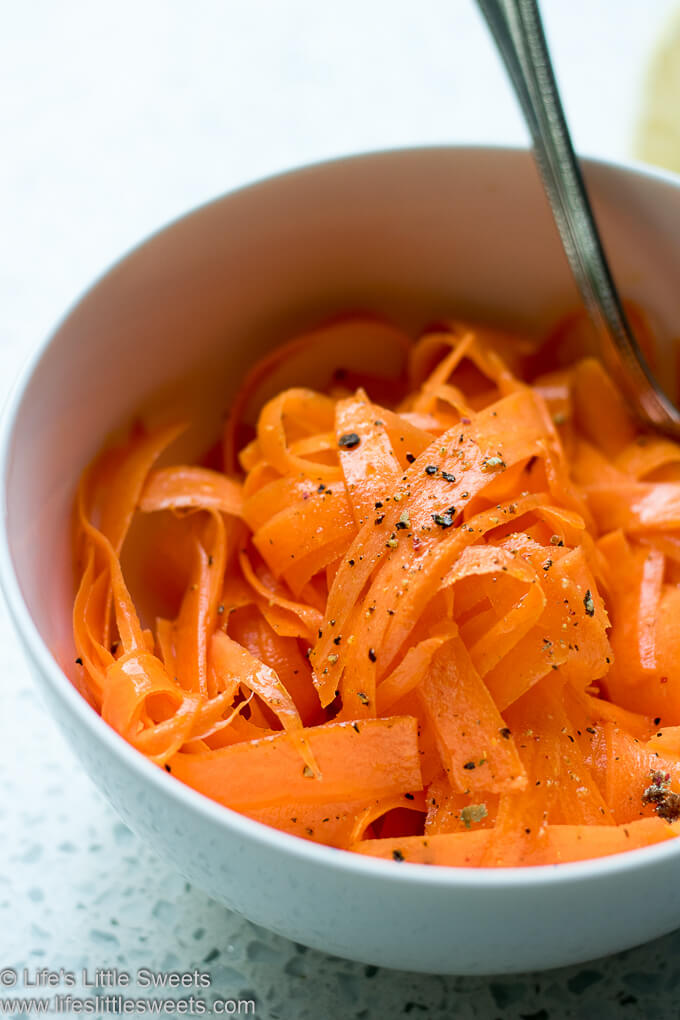 Carrot Ribbon Salad close up in a white bowl