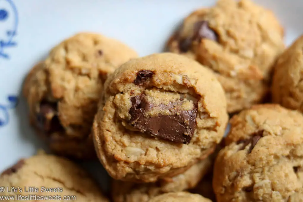 an overhead shot of a chocolate chip cookie