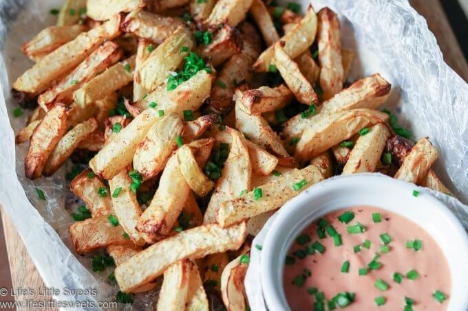 Air Fryer Kohlrabi Fries with fry sauce on parchment paper
