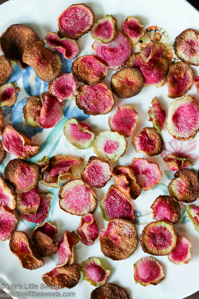 cooked Air Fryer Watermelon Radish Chips on a plate