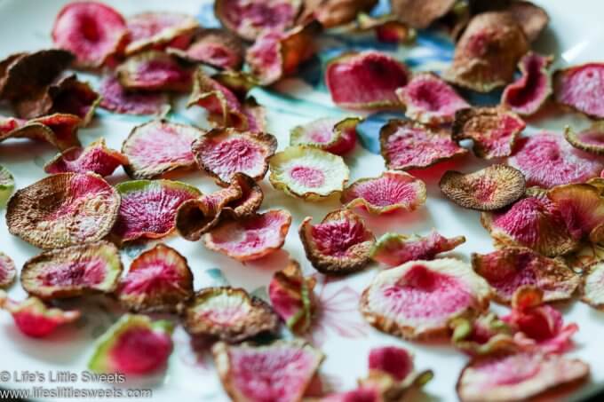 Air Fryer Watermelon Radish Chips on a plate