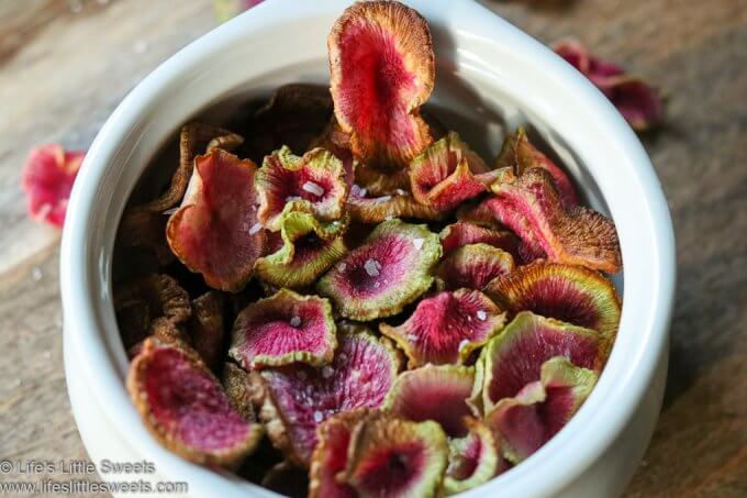 Air Fryer Watermelon Radish Chips in a white bowl
