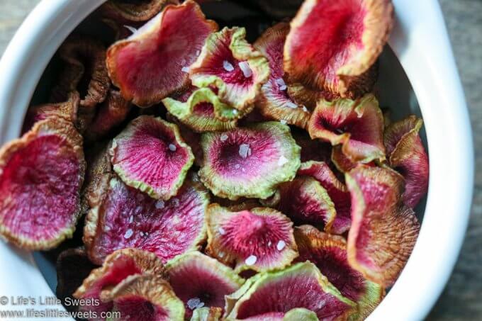 Air Fryer Watermelon Radish Chips in a bowl with salt flakes on top