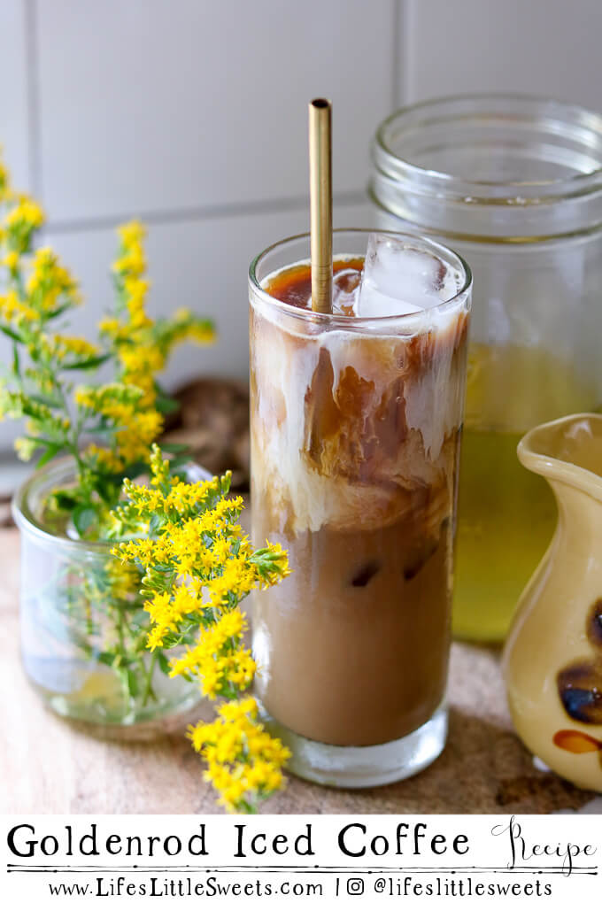 Goldenrod Iced Coffee with white liquid in it and yellow flowers