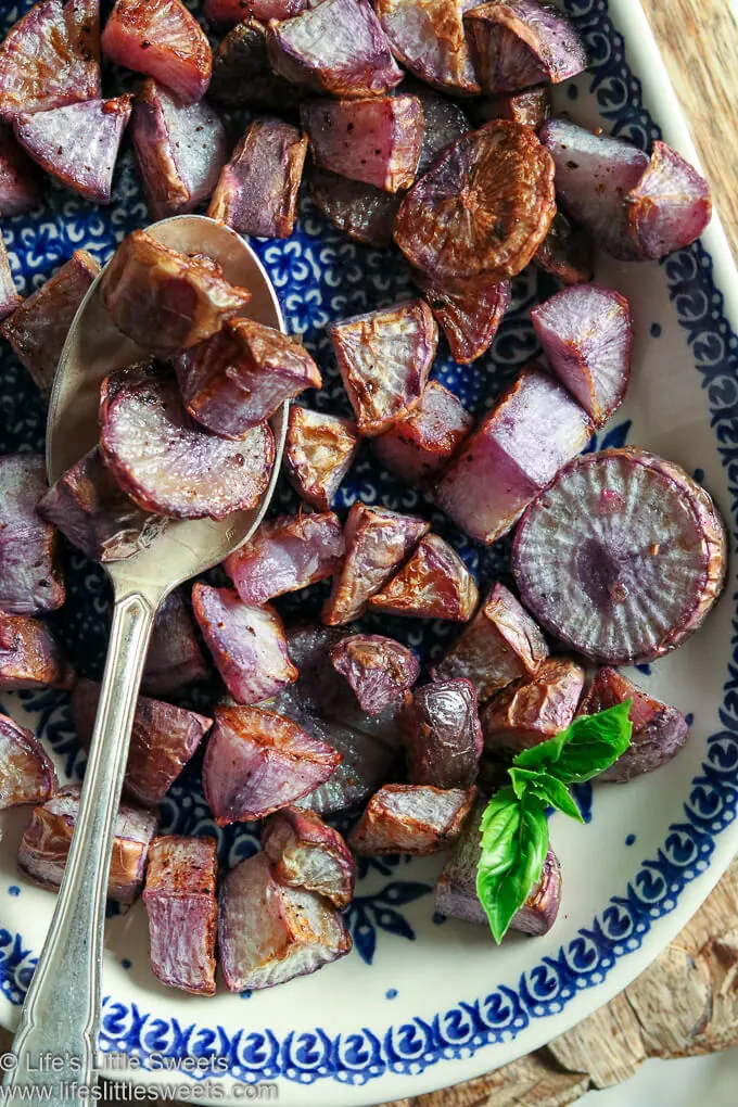 a large silver spoon of Roasted Radishes