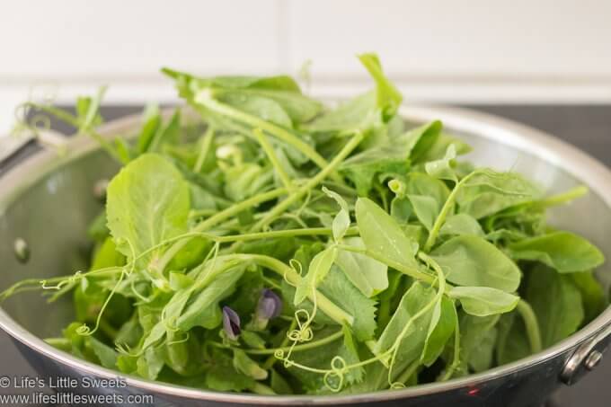 uncooked Pea Shoots in a wok